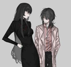 Rule 34 | 1boy, 1girl, black dress, black eyes, black hair, black pants, blunt bangs, breasts, chinese commentary, closed mouth, coat, collared shirt, colored extremities, commentary request, dress, grey background, hair between eyes, hand on own hip, hands in pockets, height difference, highres, jewelry, long hair, long sleeves, medium breasts, medium hair, mo chengwei, mole, mole on cheek, mole under eye, mole under mouth, multiple moles, naihe (touqi guaitan) (female), necklace, open clothes, open coat, pants, pink coat, pink shirt, qiansefeihe, shirt, simple background, smile, striped clothes, striped shirt, touqi guaitan, turtleneck, turtleneck dress, vertical-striped clothes, vertical-striped shirt