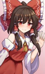 Rule 34 | 1girl, ascot, blush, bow, brown hair, closed mouth, commentary, detached sleeves, gradient background, hair bow, hair tubes, hakurei reimu, highres, long hair, looking at viewer, pink background, red bow, red eyes, red skirt, red vest, sidelocks, skirt, smile, solo, touhou, vest, waving, yellow ascot, yosshy