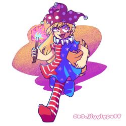 Rule 34 | 1girl, artist name, blonde hair, clownpiece, dress, hat, highres, jester cap, long hair, neck ruff, no shoes, open mouth, pants, polka dot, running, short sleeves, smile, solo, touhou