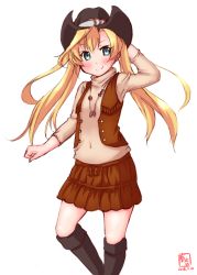 Rule 34 | 1girl, abukuma (kancolle), alternate costume, artist logo, black legwear, blonde hair, blue eyes, brown skirt, brown vest, commentary request, cowboy hat, dated, frilled skirt, frills, hat, highres, jewelry, kanon (kurogane knights), kantai collection, long hair, looking at viewer, necklace, revision, simple background, skirt, smile, solo, twintails, vest, cowboy western, white background