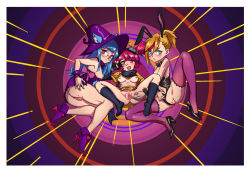 Rule 34 | 3girls, breasts, clothing cutout, glasses, hat, leotard, medium breasts, multiple girls, muse dash, navel, navel cutout, open mouth, pussy, red eyes, red hair, sesese, shiny skin, short hair, spread pussy, thighs, uncensored, witch, witch hat