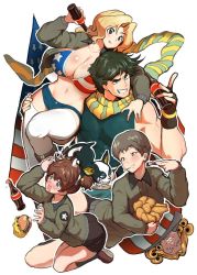 Rule 34 | 10s, 2boys, 3girls, :q, @ @, alisa (girls und panzer), american flag, american flag bikini, american flag print, arm around neck, battle tendency, bikini, bikini top only, bikini under clothes, black eyes, black footwear, black gloves, black hair, black shirt, black shorts, black socks, blue shorts, blush, boots, boston terrier, bottle, breasts, brown eyes, brown hair, brown jacket, burger, character request, chicken (food), cleavage, closed mouth, coca-cola, commentary request, crossover, denim, denim shorts, dog, eating, emblem, fingerless gloves, flag, flag print, food, freckles, frown, funny valentine, girls und panzer, gloves, grin, hair intakes, hair ornament, hair rings, holding, holding bottle, holding food, holding person, huge breasts, iggy (jojo), jacket, jojo no kimyou na bouken, joseph joestar, joseph joestar (young), kay (girls und panzer), kneeling, long hair, long sleeves, looking at another, lying, military, military uniform, mouth hold, multiple boys, multiple girls, naomi (girls und panzer), on side, open clothes, open jacket, patch, pointing, pointing up, print bikini, sasaki tatsuya, saunders military uniform, scarf, shirt, short hair, short shorts, short twintails, shorts, shoulder patch, sleeveless, sleeveless shirt, smile, socks, standing, star (symbol), star hair ornament, stardust crusaders, steel ball run, striped clothes, striped scarf, swimsuit, tearing up, terrier (dog), thighhighs, tongue, tongue out, twintails, uniform, very short hair, white background, white legwear