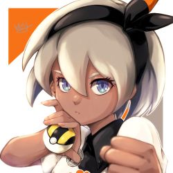 Rule 34 | 1girl, bea (pokemon), black hairband, blonde hair, blue eyes, blurry, bow hairband, closed mouth, collared shirt, commentary, creatures (company), dark-skinned female, dark skin, eyelashes, game freak, grey eyes, gym leader, hair between eyes, hairband, hands up, highres, holding, holding poke ball, looking at viewer, mocchye00, nintendo, poke ball, pokemon, pokemon swsh, print shirt, shirt, short hair, short sleeves, signature, solo, ultra ball, upper body