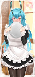 Rule 34 | 1girl, absurdres, alternate costume, animal ears, apron, azur lane, black dress, blue hair, blush, boise (azur lane), breasts, brown pantyhose, covering own mouth, dress, fake animal ears, fine fabric emphasis, frilled apron, frills, highres, holding, holding tray, indoors, long hair, makudesu, mechanical ears, medium breasts, pantyhose, solo, tray, very long hair, white apron, yellow eyes