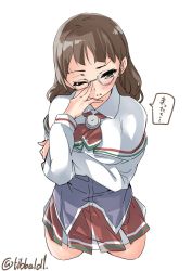 Rule 34 | 10s, 1girl, adjusting eyewear, ascot, bad id, bad twitter id, blush, brown eyes, brown hair, capelet, cowboy shot, cropped legs, ebifurya, glasses, grey-framed eyewear, highres, inactive account, kantai collection, long hair, long sleeves, one eye closed, open mouth, pince-nez, roma (kancolle), simple background, skirt, solo, speech bubble, translation request, twitter username, white background