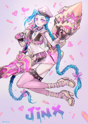 Rule 34 | 1girl, artist name, belt, blue hair, boots, bow, braid, bullet, character name, cosmetics, fingerless gloves, flat chest, full body, garter straps, gloves, gun, hat, heart, high heel boots, high heels, highres, jinx (league of legends), kazeco, league of legends, lipstick, lipstick tube, long hair, makeup, midriff, nail polish, navel, pale skin, parted lips, pink eyes, pink nails, pink thighhighs, rocket launcher, shell casing, skirt, smile, solo, tattoo, thighhighs, twin braids, very long hair, weapon