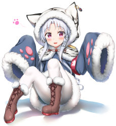 Rule 34 | 1girl, :3, :d, absurdres, animal ears, animal hood, animal print, armband, azur lane, blue coat, blush, boots, brown footwear, capelet, changchun (azur lane), coat, commentary request, cross-laced footwear, full body, fur-trimmed boots, fur-trimmed sleeves, fur trim, hair ornament, highres, hood, hood up, hooded capelet, lace-up boots, long hair, long sleeves, looking at viewer, nedia (nedia region), open mouth, pantyhose, parted bangs, purple eyes, red eyes, sidelocks, silver hair, sitting, sleeves past fingers, sleeves past wrists, smile, solo, striped, tiger ears, tiger hood, tiger print, vertical stripes, very long hair, white background, white pantyhose, wide sleeves