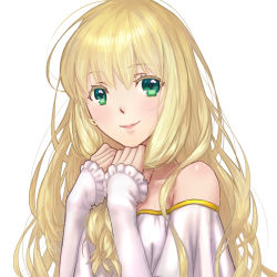 Rule 34 | 10s, 1girl, aldnoah.zero, asseylum vers allusia, bare shoulders, blonde hair, colored eyelashes, frilled sleeves, frills, green eyes, lilianess, long hair, sleeves past wrists, smile, solo, upper body, white background