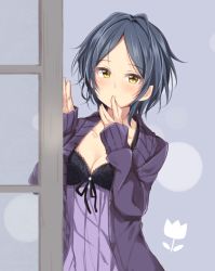 Rule 34 | 10s, 1girl, against door, babydoll, black hair, blush, breasts, cardigan, cleavage, finger to mouth, hayami kanade, idolmaster, idolmaster cinderella girls, jiino, large breasts, looking at viewer, open cardigan, open clothes, parted bangs, short hair, solo, sweater, yellow eyes