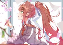 Rule 34 | 1girl, artist name, blurry, blurry foreground, brown hair, character name, cherry blossoms, commentary, doki doki literature club, english commentary, english text, green eyes, hair ribbon, highres, long hair, long sleeves, monika (doki doki literature club), paper, pen, petals, ponytail, profile, ribbon, school uniform, solo, white ribbon, xhunzei
