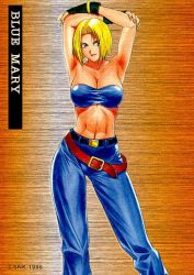 Rule 34 | 1990s (style), 1girl, armpits, arms up, belt, blonde hair, blue mary, breasts, cleavage, denim, fatal fury, fingerless gloves, gloves, jeans, large breasts, midriff, pants, retro artstyle, short hair, snk, solo, strapless, the king of fighters, tube top