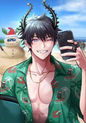 Rule 34 | 1boy, 3others, beach, black hair, black horns, blue eyes, blue sky, blurry, blurry background, blush, buttons, cellphone, chain, chain necklace, cloud, collarbone, collared shirt, commentary, day, ear piercing, earrings, english commentary, fang, floral print, gold necklace, green shirt, grin, hair between eyes, hand up, hibiscus print, highres, holding, holding phone, horns, jewelry, looking at viewer, male focus, multiple others, necklace, nijisanji, nijisanji en, ocean, one eye closed, open clothes, open shirt, outdoors, palm tree print, pectorals, phone, piercing, pointy ears, ren zotto, ring, sand, sand sculpture, shirt, short hair, short sleeves, sky, smartphone, smile, solo focus, teeth, upper body, virtual youtuber, water, wet, wet hair, wing collar, yumi (yumimi2434)