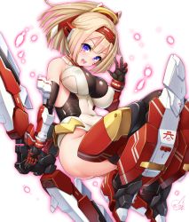 Rule 34 | 1girl, asura archer, bare shoulders, black gloves, blonde hair, blue eyes, bow (weapon), breasts, covered erect nipples, covered navel, doyouwantto, elbow gloves, facial mark, full body, gauntlets, gloves, hair ribbon, hairband, highres, holding, holding bow (weapon), holding weapon, impossible clothes, impossible leotard, knees up, large breasts, legs together, leotard, looking at viewer, mecha musume, megami device, open mouth, ribbon, shiny clothes, shiny skin, skin tight, solo, teeth, weapon, white legwear