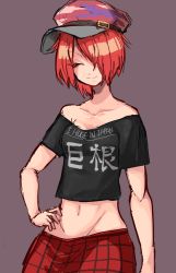 Rule 34 | 1girl, black shirt, blouse, breasts, brown background, closed mouth, clothes writing, commentary request, cookie (touhou), cowboy shot, hair between eyes, hair over one eye, hand on own hip, hecatia lapislazuli, highres, ktgijgkgdusimn (cookie), looking at viewer, medium breasts, midriff, navel, off-shoulder shirt, off shoulder, plaid, plaid skirt, red hair, red skirt, shimosuke, shirt, short hair, simple background, skirt, smile, solo, touhou