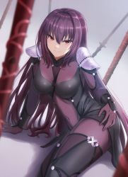 1girl, absurdres, armor, bangs, bodysuit, breasts, commentary request, eyebrows behind hair, fate/grand order, fate (series), gae bolg (fate), grey background, hair between eyes, hand on hip, highres, long hair, lying, medium breasts, mitsuria (kanesho1102), on side, pauldrons, polearm, purple bodysuit, purple hair, red eyes, scathach (fate), scathach (fate) (all), shoulder armor, smile, solo, spear, very long hair, weapon