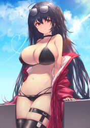 Rule 34 | 1girl, ahoge, azur lane, bare shoulders, bikini, black bikini, black choker, black hair, black thighhighs, breasts, choker, cleavage, cloud, collarbone, cowboy shot, duplicate, eyewear on head, highres, itaco, jacket, large breasts, long hair, long sleeves, looking at viewer, multi-strapped bikini bottom, navel, off shoulder, official alternate costume, one side up, race queen, red eyes, red jacket, sidelocks, skindentation, sky, smile, solo, standing, stomach, strap gap, string bikini, sunglasses, swimsuit, taihou (azur lane), taihou (enraptured companion) (azur lane), thigh strap, thighhighs, thighs, very long hair