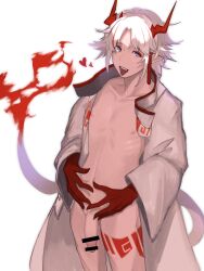 Rule 34 | 1boy, acuonoa, arknights, bar censor, censored, coat, colored skin, cowboy shot, dragon boy, dragon horns, dragon tail, flaccid, flame-tipped tail, genderswap, genderswap (ftm), highres, horns, leg tattoo, looking at viewer, male focus, multicolored hair, naked coat, nian (arknights), nipples, open clothes, open coat, penis, pointy ears, purple eyes, red hair, red skin, short hair, simple background, solo, streaked hair, tail, tattoo, teeth, tongue, tongue out, upper teeth only, white background, white coat, white hair