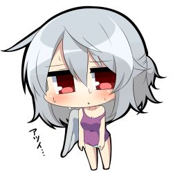 Rule 34 | 1girl, :&lt;, blush, chibi, frown, half updo, hot, kishin sagume, off shoulder, panties, red eyes, short hair, silver hair, single wing, solo, strap slip, sweat, tank top, touhou, translated, triangle mouth, twumi, underwear, wings