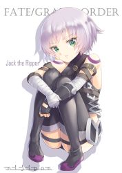 Rule 34 | 1girl, absurdres, arm belt, ass, bandaged arm, bandages, bare shoulders, belt, black footwear, black gloves, black panties, black shirt, black thighhighs, boots, character name, closed mouth, commentary request, copyright name, facial scar, fate/grand order, fate (series), fingerless gloves, full body, gloves, green eyes, halterneck, highres, hugging own legs, jack the ripper (fate/apocrypha), knees up, looking at viewer, panties, parted lips, purple footwear, scar, scar across eye, scar on cheek, scar on face, shirt, short hair, silver hair, simple background, single glove, sitting, sleeveless, sleeveless shirt, smile, solo, tattoo, thigh boots, thighhighs, underwear, white background, yumoto motoyu