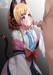 Rule 34 | 1boy, 1girl, absurdres, artist name, blonde hair, blue archive, cat tail, censored, clothed female nude male, commission, cum, cum on body, cum on clothes, facial, fellatio, handjob, headphones, highres, lips, momoi (blue archive), necktie, nose, nude, oral, penis, pink eyes, ribbon, simple background, swallowing, tail, tomodachi (tomofanart)