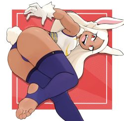 Rule 34 | 1girl, animal ear fluff, animal ears, ass, bent over, biceps, blue thighhighs, boku no hero academia, border, breasts, commentary, dark-skinned female, dark skin, english commentary, fangs, feet, foot focus, foot out of frame, from behind, gloves, highleg, highleg leotard, highres, legs, leotard, long eyelashes, long hair, looking at viewer, medium breasts, mirko, no shoes, open mouth, purple leotard, rabbit ears, rabbit girl, rabbit tail, red background, red eyes, shirt, softhanten, soles, solo, standing, standing on one leg, stirrup legwear, tail, teeth, thighhighs, thighs, toeless legwear, toes, tongue, twitter username, upper teeth only, v-shaped eyebrows, white border, white gloves, white hair, white shirt