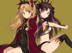 Rule 34 | 2girls, back-to-back, bare shoulders, black dress, black panties, black ribbon, blonde hair, blush, bone, bow, brown hair, cape, closed mouth, crossed arms, crown, detached sleeves, dress, earrings, ereshkigal (fate), eyes visible through hair, fate/grand order, fate (series), green background, hair bow, hair ribbon, head tilt, ishtar (fate), jewelry, long hair, long sleeves, looking at another, midriff, mochii, multiple girls, necklace, outstretched arms, panties, parted bangs, red cape, red eyes, red ribbon, revealing clothes, ribbon, seiza, simple background, single detached sleeve, single thighhigh, sitting, smile, thighhighs, tohsaka rin, two side up, type-moon, underwear, yellow background