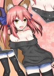 Rule 34 | 10s, 1girl, absurdres, animal ear fluff, animal ears, bare shoulders, black thighhighs, blue ribbon, blush, breasts, casual, choker, cleavage, clothes pull, collarbone, fang, fate/extella, fate/extra, fate/extra ccc, fate/grand order, fate (series), fox ears, fox girl, fox tail, hair ribbon, highres, large breasts, looking at viewer, nepsuka (hachisuka), open mouth, pink hair, ribbed sweater, ribbon, solo, sweater, sweater pull, tail, tamamo (fate), tamamo no mae (fate/extra), thighhighs, yellow eyes