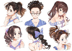 Rule 34 | 6+girls, bare shoulders, black eyes, blue eyes, blue ribbon, blue shirt, bow, brown eyes, closed eyes, collarbone, collared shirt, curly hair, ear piercing, earrings, eyewear on head, frilled shirt, frills, from behind, hair bow, hand up, highres, jewelry, long hair, looking at viewer, looking away, medium hair, multiple girls, open mouth, original, piercing, pink-framed eyewear, pink bow, ponytail, purple bow, ribbon, shirt, simple background, smile, sunglasses, sunglasses on head, umishima senbon, white background, white shirt