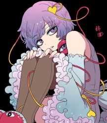 Rule 34 | 1girl, adapted costume, bare shoulders, black background, black thighhighs, blouse, blue shirt, detached sleeves, eyelashes, hands on own knees, highres, komeiji satori, long sleeves, looking at viewer, mashuu masaki, nail polish, open mouth, parted lips, pink nails, purple eyes, purple hair, shirt, short hair, simple background, sitting, slippers, solo, teeth, thighhighs, touhou, translation request, upper teeth only, wide sleeves