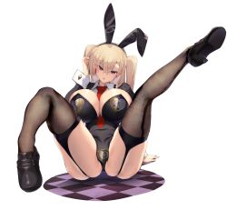 Rule 34 | 1girl, animal ears, black footwear, black leotard, black thighhighs, blonde hair, blue eyes, breasts, collared shirt, fake animal ears, full body, hand up, high heels, highres, large breasts, leotard, long hair, long sleeves, necktie, original, parted lips, playboy bunny, rabbit ears, red necktie, satou daiji, shirt, simple background, sitting, solo, thighhighs, thighs, white background