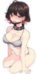 Rule 34 | 1girl, absurdres, ahegao, ahoge, barbell piercing, black collar, black mask, blush, bonnggu223, bra, breasts, brown hair, butterfly tattoo, chest tattoo, collar, cross, cross earrings, cross tattoo, ear piercing, earrings, gradient hair, grey bra, grey panties, heart, heart-shaped pupils, highres, inverted cross, jewelry, jirai kei, looking at viewer, mask, mask pull, medium breasts, mouth mask, multicolored hair, nail, navel, navel piercing, neck tattoo, nose blush, original, panties, piercing, pink nails, red eyes, red hair, saliva, short hair, simple background, sitting, snot, solo, surgical mask, symbol-shaped pupils, tattoo, teeth, thighs, thong, tongue, tongue piercing, underwear, underwear only, white background, yokozuwari