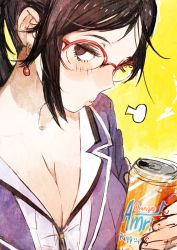 Rule 34 | 1girl, absurdres, breasts, brown eyes, brown hair, cleavage, drink, female focus, fire emblem, glasses, highres, large breasts, lips, looking at viewer, nintendo, shimazaki maiko, sigh, solo, toi8, tokyo mirage sessions fe, yellow background