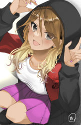Rule 34 | 1girl, :d, black hoodie, blonde hair, blush, brown hair, collarbone, earrings, gradient hair, hamcheeseand, hood, hood up, hoodie, idolmaster, idolmaster shiny colors, izumi mei, jewelry, looking at viewer, multicolored hair, nail polish, open mouth, pink skirt, pleated skirt, shirt, simple background, skirt, smile, solo, squatting, wavy hair, white shirt