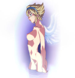 Rule 34 | 1girl, angel, angel wings, blonde hair, blue eyes, breasts, breath of fire, breath of fire i, capcom, collarbone, cowboy shot, cropped legs, female focus, from side, green eyes, hair ornament, hairband, ichijiku, looking to the side, nina (breath of fire i), nipples, nude, profile, short hair, solo, source request, standing, wading, water, white wings, wings