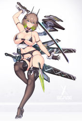 Rule 34 | 1girl, armlet, bikini, black gloves, blade (nidy), blue eyes, blush, breasts, brown hair, full body, garter belt, garter straps, gloves, green hair, highres, holding, holding sword, holding weapon, large breasts, looking at viewer, maid, maid bikini, maid headdress, multicolored hair, nidy, original, skindentation, solo, swimsuit, sword, thighhighs, two-tone hair, unconventional maid, weapon