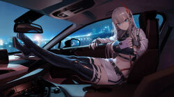 Rule 34 | 1girl, absurdres, belt, blonde hair, blue eyes, boots, breasts, car interior, cellphone, crop top, crossed ankles, fingerless gloves, gloves, hair ornament, high heel boots, high heels, highres, jacket, large breasts, long hair, looking at viewer, navel, night, open clothes, open jacket, original, phone, shiny clothes, skirt, smartphone, solo, thigh boots, two-tone gloves, xzu
