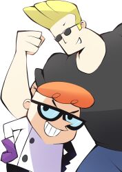 2boys black-framed_eyewear black_shirt blonde_hair blue_pants cartoon_network clenched_hand clenched_teeth commentary cowboy_shot dexter&#039;s_laboratory dexter_(dexter&#039;s_laboratory) flattop gloves hands_on_own_hips highres johnny_bravo johnny_bravo_(series) lab_coat long_sleeves male_focus mitosupa_(qsiqydfz7nesh9w) multiple_boys orange_hair pants purple_gloves shadow shirt short_sleeves simple_background sunglasses teeth v-shaped_eyebrows white_background white_mouth