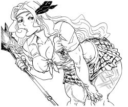 Rule 34 | 1girl, abs, amazon (dragon&#039;s crown), bad id, bb (baalbuddy), bent over, breasts, blowing bubbles, chewing gum, circlet, crest, dragon&#039;s crown, feather hair ornament, feathers, greyscale, hair ornament, halberd, inactive account, long hair, medium breasts, midriff, monochrome, no bra, polearm, school uniform, shirt, sketch, solo, tattoo, thick thighs, thighs, tied shirt, underboob, weapon