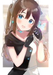 Rule 34 | 1girl, absurdres, aqua eyes, artist name, artist request, back bow, bare shoulders, belt, black dress, black gloves, black skirt, blue butterfly, blue eyes, blush, bow, breasts, brown hair, bug, butterfly, buttons, choker, cleavage, collarbone, dress, drop earrings, earrings, female focus, gloves, grey belt, grey bow, grey skirt, hair between eyes, hair bow, high ponytail, highres, huge filesize, insect, jewelry, lace, lace gloves, long hair, looking at viewer, love live!, love live! nijigasaki high school idol club, love live! school idol festival, medium breasts, multicolored clothes, necklace, off-shoulder dress, off shoulder, osaka shizuku, parted lips, ponytail, sidelocks, skirt, sleeveless, sleeveless dress, smile, solitude rain (love live!), solo, sunya (honorin-yuunibo), sunya (honorin megumin), sunya (pixiv17390904), two-tone dress, white bow, white dress, white skirt, yellow butterfly