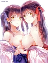 Rule 34 | 2girls, absurdres, artist name, bare shoulders, blush, breast press, breasts, breasts out, brown hair, cleavage, collarbone, female focus, from side, hair ribbon, hair tubes, hakama, hakama skirt, highres, hiten (hitenkei), holding hands, interlocked fingers, japanese clothes, large breasts, long hair, looking at viewer, looking back, medium breasts, miko, multiple girls, neck, nipples, off shoulder, one side up, purple hair, purple ribbon, red ribbon, ribbon, ribbon-trimmed sleeves, ribbon trim, shiny skin, shy, sideboob, simple background, single sidelock, skirt, smile, symmetrical docking, white background, yellow eyes