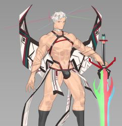 Rule 34 | 1boy, abs, altera (fate), arm tattoo, bara, biceps, bulge, cape, chest harness, collar, fate/extella, fate/extra, fate (series), gender request, genderswap, grey background, harness, highres, hunterkay, light, light rays, long sideburns, male focus, male underwear, navel, navel hair, no pants, pectorals, red eyes, sideburns, socks, solo, sword, tattoo, thick arms, thick thighs, thighs, topless male, underwear, weapon, white hair
