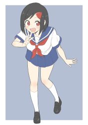 Rule 34 | 1girl, :d, absurdres, bad id, bad twitter id, black footwear, black hair, blue background, blue sailor collar, blue skirt, blush, border, copyright request, donguri suzume, full body, hair ornament, hairclip, hand up, highres, leaning forward, looking at viewer, neckerchief, open mouth, pleated skirt, red eyes, sailor collar, school uniform, serafuku, shirt, shoes, short hair, short sleeves, simple background, skirt, smile, socks, solo, w, white border, white shirt, white socks