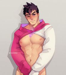 Rule 34 | &gt; o, 1boy, abs, bara, bare pectorals, black hair, blush, bottomless, closed mouth, covering privates, covering crotch, cropped hoodie, earrings, edie crop hoodie, hood, hood down, hoodie, jewelry, large pectorals, looking at viewer, male focus, malos (xenoblade), meme attire, muscular, muscular male, naked hoodie, navel, nipples, one eye closed, pectorals, purple eyes, qvoro, short hair, sideburns, solo, twitter username, xenoblade chronicles (series), xenoblade chronicles 2