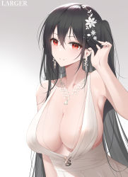 Rule 34 | 1girl, absurdres, adjusting hair, areola slip, azur lane, bare shoulders, black hair, breasts, cleavage, dress, earrings, flower, gradient background, grey background, hair between eyes, hair flower, hair ornament, highres, jewelry, large breasts, larger bmx, light blush, long hair, looking at viewer, official alternate costume, plunging neckline, red eyes, satin dress, see-through, see-through dress, sleeveless, sleeveless dress, solo, taihou (azur lane), taihou (temptation on the sea breeze) (azur lane), upper body, very long hair, wedding dress, white background