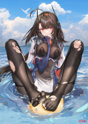 Rule 34 | 1girl, ahoge, arm between breasts, atdan, azur lane, between breasts, bird, black pantyhose, blue sky, bodysuit, breasts, brown hair, capelet, chick, covered navel, covering own mouth, day, embarrassed, feet, feet on toy, fingerless gloves, frown, gloves, hairband, headgear, highres, independence (azur lane), large breasts, long hair, long sleeves, looking at viewer, manjuu (azur lane), no shoes, outdoors, pantyhose, red eyes, retrofit (azur lane), seagull, sitting, skindentation, sky, slit pupils, solo, toes, torn clothes, torn pantyhose, very long hair, water