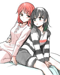 Rule 34 | 2girls, animal print, bed, bed sheet, between legs, black hair, blush, breasts, closed mouth, commentary request, gradient hair, green eyes, green hair, hair down, hand on own stomach, itsuki kuro, leaning on person, leaning to the side, looking at another, looking back, looking to the side, love live!, love live! nijigasaki high school idol club, medium breasts, medium hair, multicolored hair, multiple girls, open mouth, outside border, pajamas, pink hair, seductive smile, shirt, sitting, smile, streaked hair, striped clothes, striped shirt, takasaki yu, two-tone hair, uehara ayumu, white background, yuri, zebra print