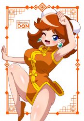 Rule 34 | 1girl, artist name, blush, breasts, brown hair, china dress, chinese clothes, dooon chaaan, dress, earrings, flower earrings, grin, highres, jewelry, large breasts, legs, looking at viewer, mario (series), nintendo, one eye closed, open mouth, pelvic curtain, princess daisy, shiny skin, smile, standing, standing on one leg, super mario land, thighs, tomboy, wink