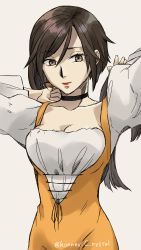 Rule 34 | 1girl, absurdres, black hair, bodysuit, breasts, brown eyes, choker, cleavage, closed mouth, commentary request, final fantasy, final fantasy ix, garnet til alexandros xvii, highres, knife, lipstick, looking at viewer, makeup, orange bodysuit, short hair, simple background, smile, solo, white background