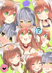 Rule 34 | ..., 10s, 2girls, :3, :d, ?, ^ ^, animal ears, bang dream!, blush, brown hair, cat ears, cheek-to-cheek, choker, clenched hands, closed eyes, cropped torso, disembodied hand, fang, green background, green eyes, grey hair, hair between eyes, hand on another&#039;s cheek, hand on another&#039;s face, heads together, heart, imai lisa, kemonomimi mode, long hair, minato yukina, multiple girls, multiple views, notice lines, o shiba0819, open mouth, parted lips, red choker, sidelocks, slit pupils, smile, spoken ellipsis, spoken heart, spoken question mark, sweat, nervous sweating, yellow eyes