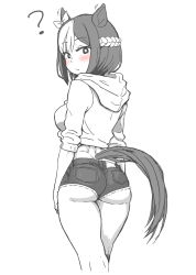 Rule 34 | 1girl, ?, alternate costume, animal ears, ass, blush, bow, braid, breasts, commentary request, cowboy shot, denim, denim shorts, ear bow, french braid, from behind, greyscale, highres, hood, hood down, hoodie, horse ears, horse girl, horse tail, long sleeves, looking at viewer, looking back, medium breasts, monochrome, multicolored hair, shorts, simple background, solo, special week (umamusume), streaked hair, tail, umamusume, white background, yaki apple